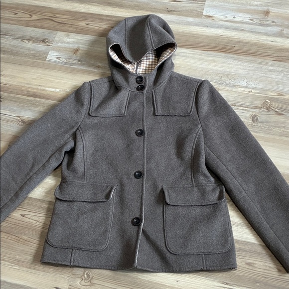 Lands’ End Wool hooded Coat Taupe Plaid interior Button up Women’s 10 Warm Cozy - Picture 5 of 11